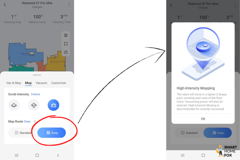 Die Wasserdurchflussrate lässt sich in der Roborock S7 Pro Ultra Handy-App einstellen
